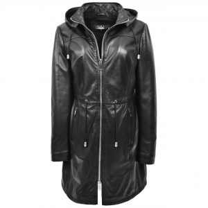 BUNERI Parka Cuir Véritable Tyra Noir à Capuche