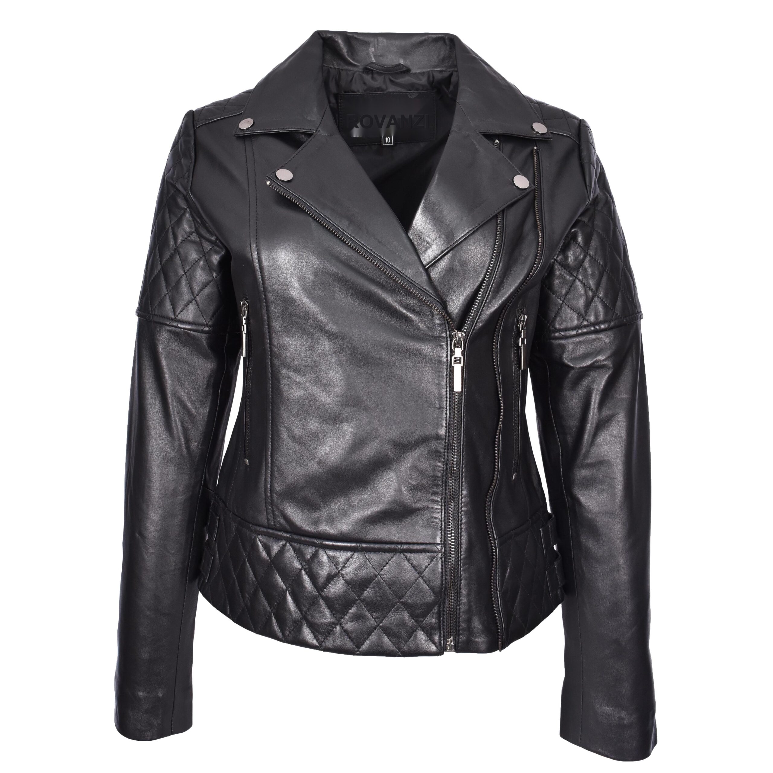BUNERI Veste Femme Vraie Cuir Multi Zip Croise Biker Ajuste Matelasse Noire