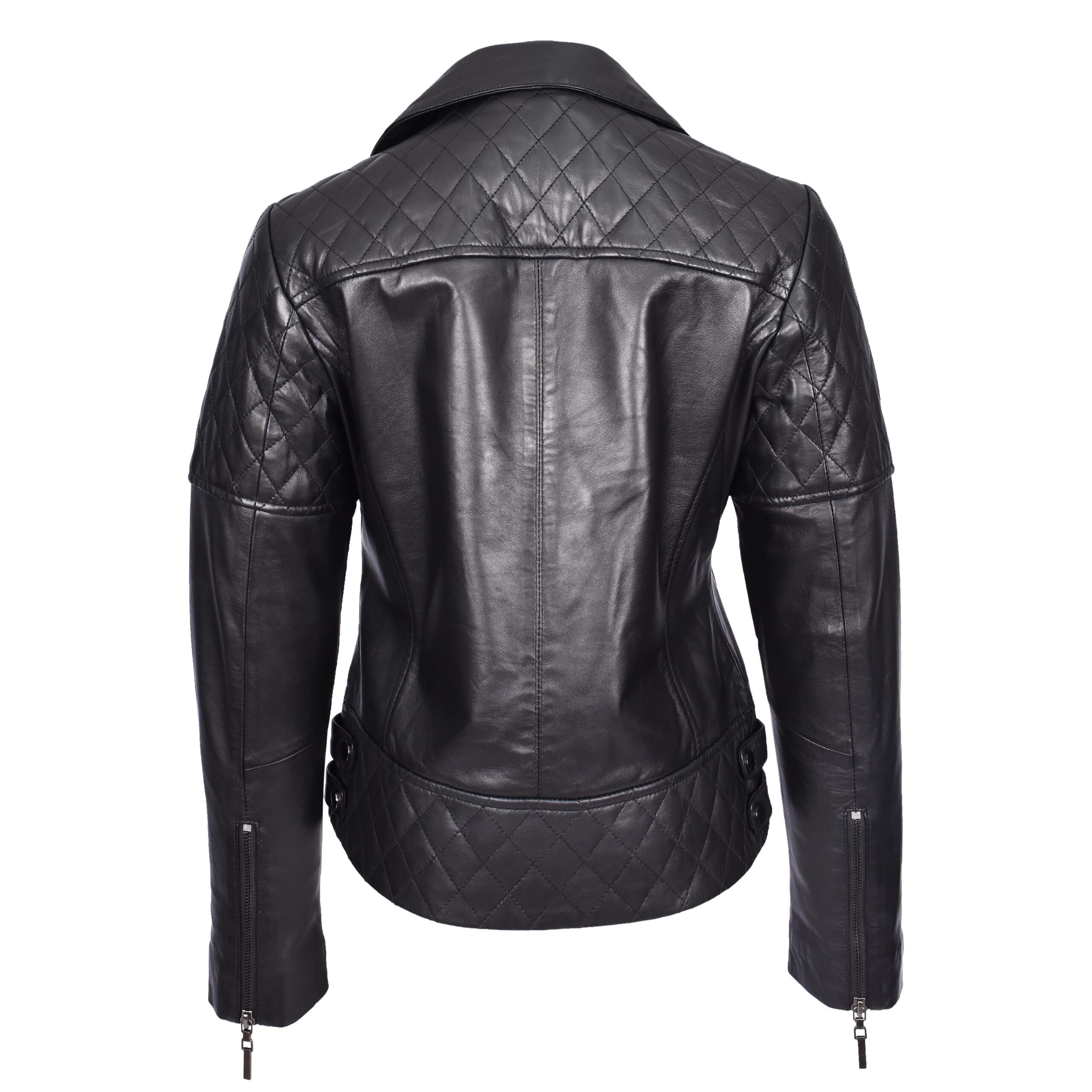 BUNERI Veste Femme Vraie Cuir Multi Zip Croise Biker Ajuste Matelasse Noire – Image 2