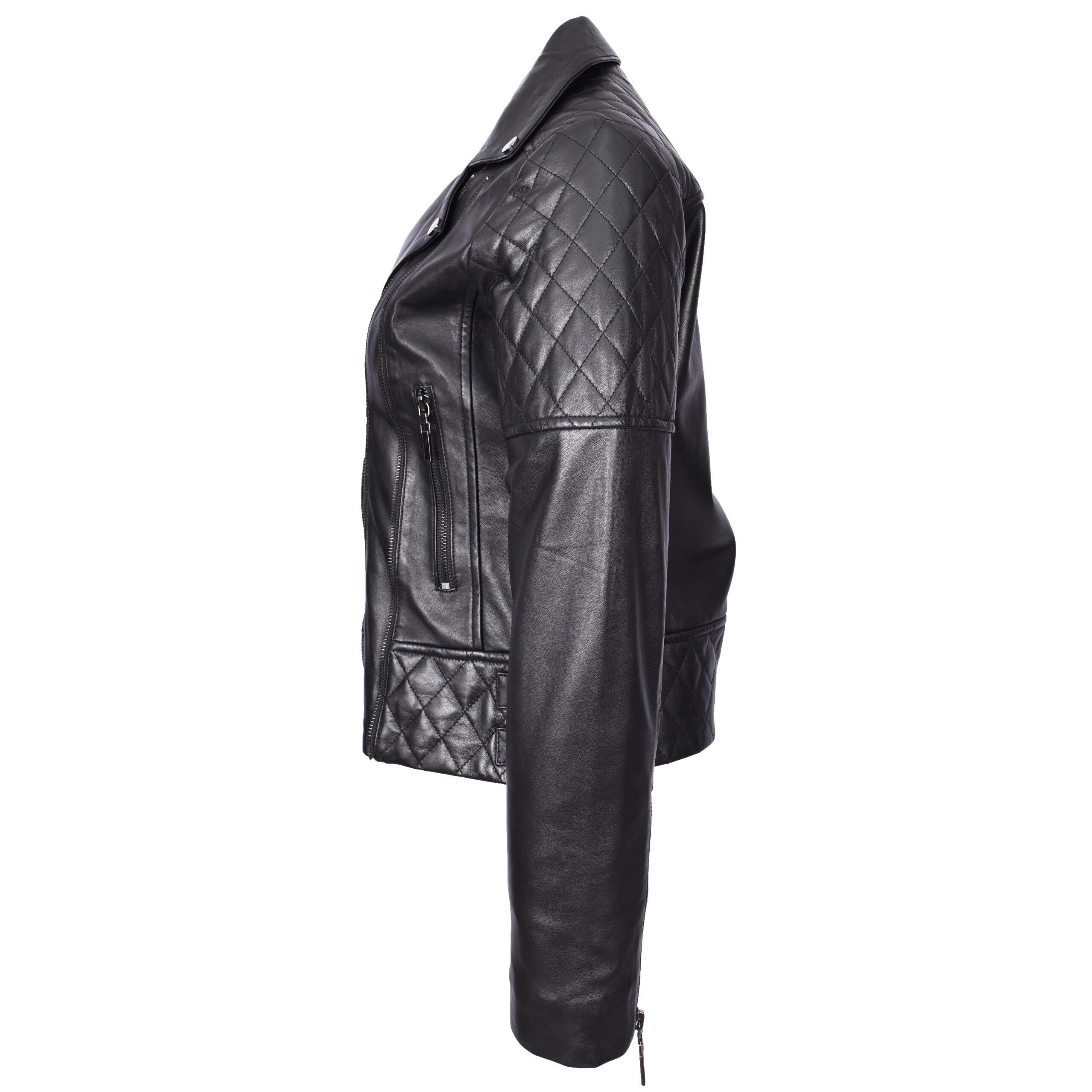 BUNERI Veste Femme Vraie Cuir Multi Zip Croise Biker Ajuste Matelasse Noire – Image 3
