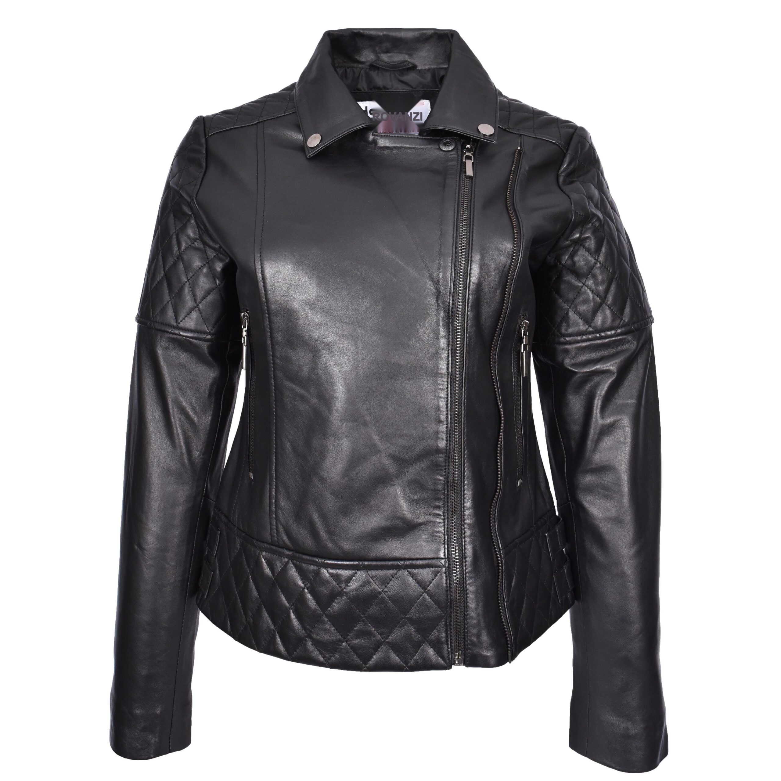 BUNERI Veste Femme Vraie Cuir Multi Zip Croise Biker Ajuste Matelasse Noire – Image 4