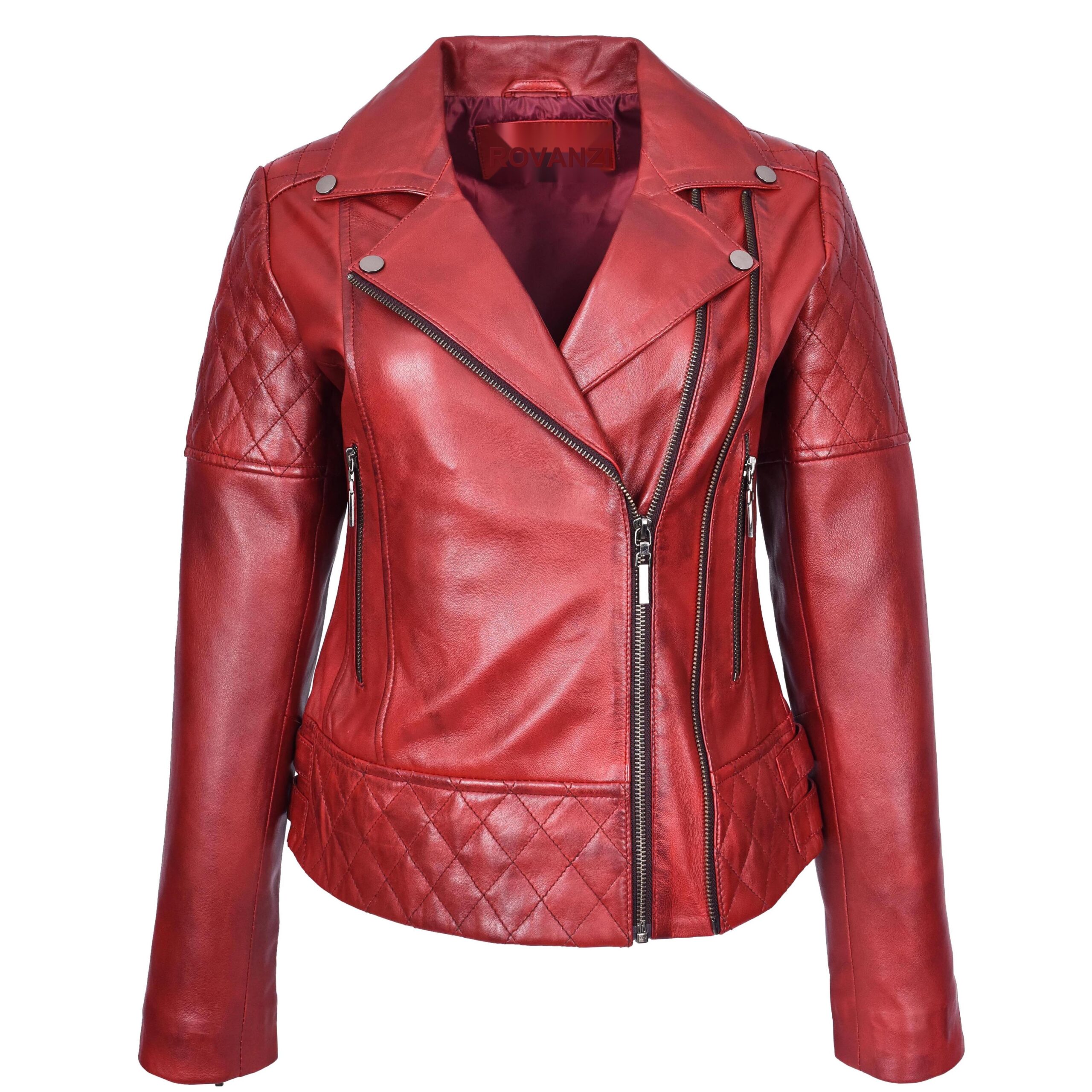 BUNERI Blouson Biker en Cuir Matelassé Rouge Bruni pour Femme