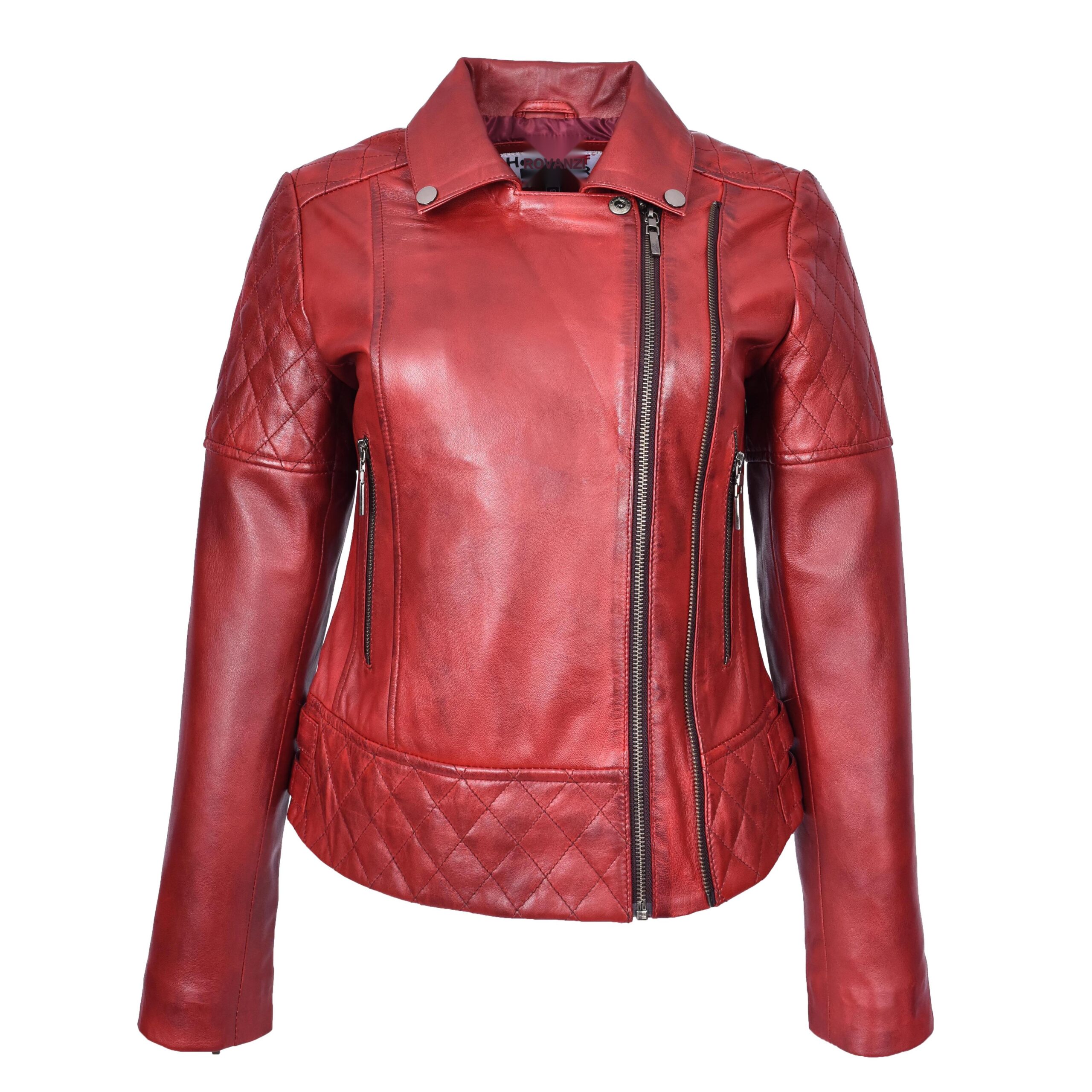 BUNERI Blouson Biker en Cuir Matelassé Rouge Bruni pour Femme – Image 5