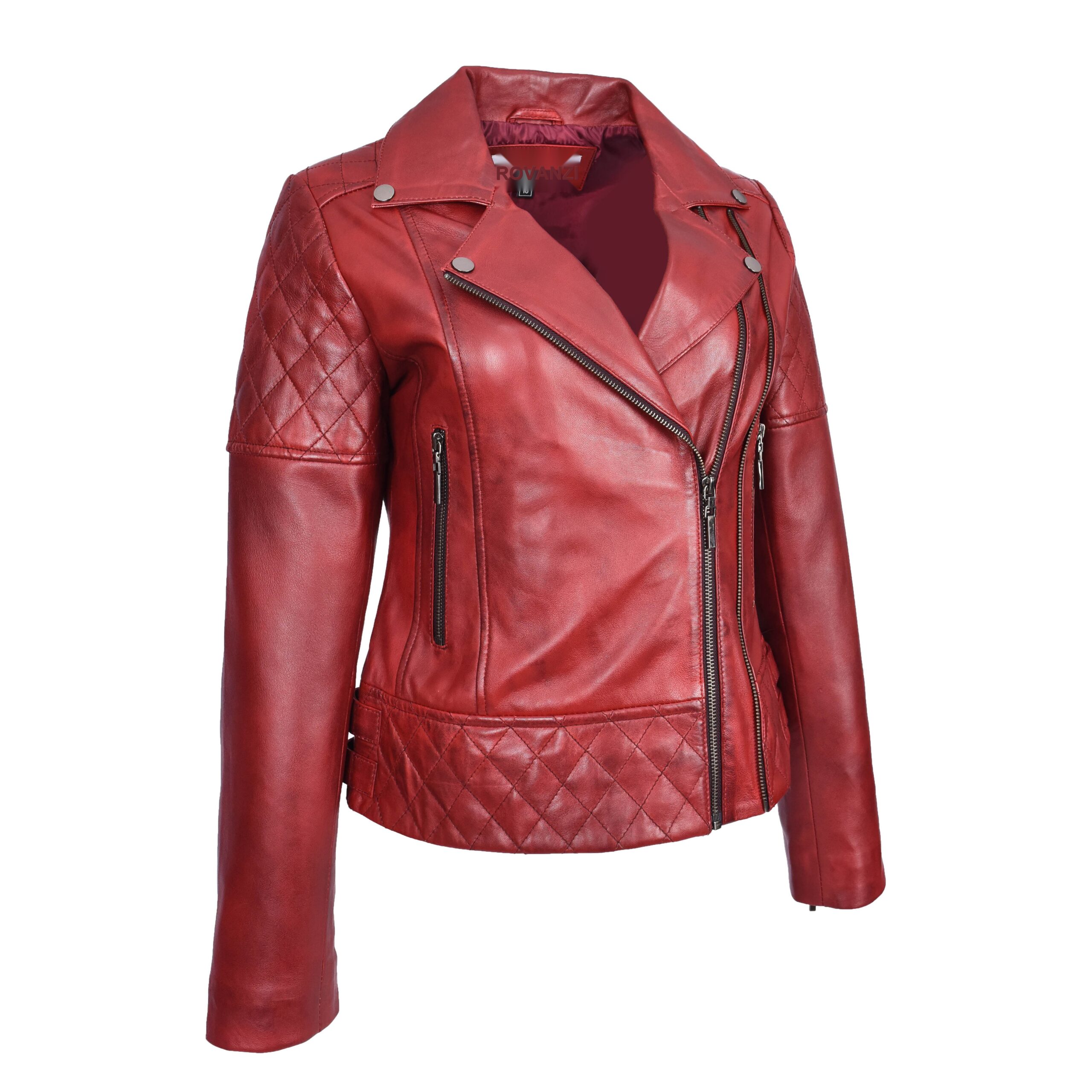 BUNERI Blouson Biker en Cuir Matelassé Rouge Bruni pour Femme – Image 4