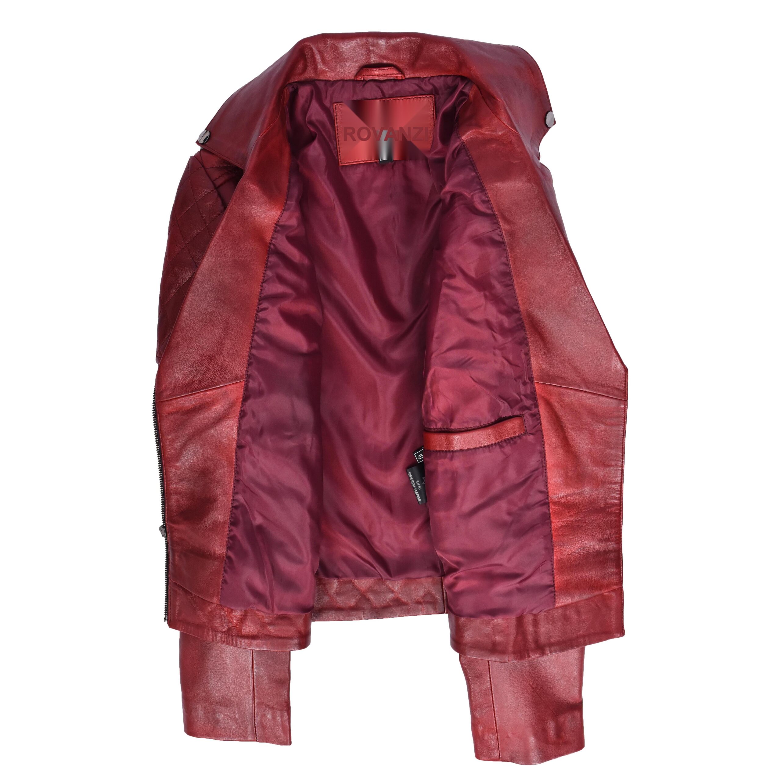 BUNERI Blouson Biker en Cuir Matelassé Rouge Bruni pour Femme – Image 6