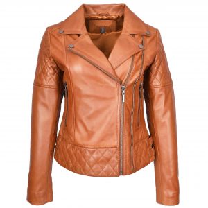 BUNERI Veste en Cuir Biker Tan pour Femme avec Détails Matelassés