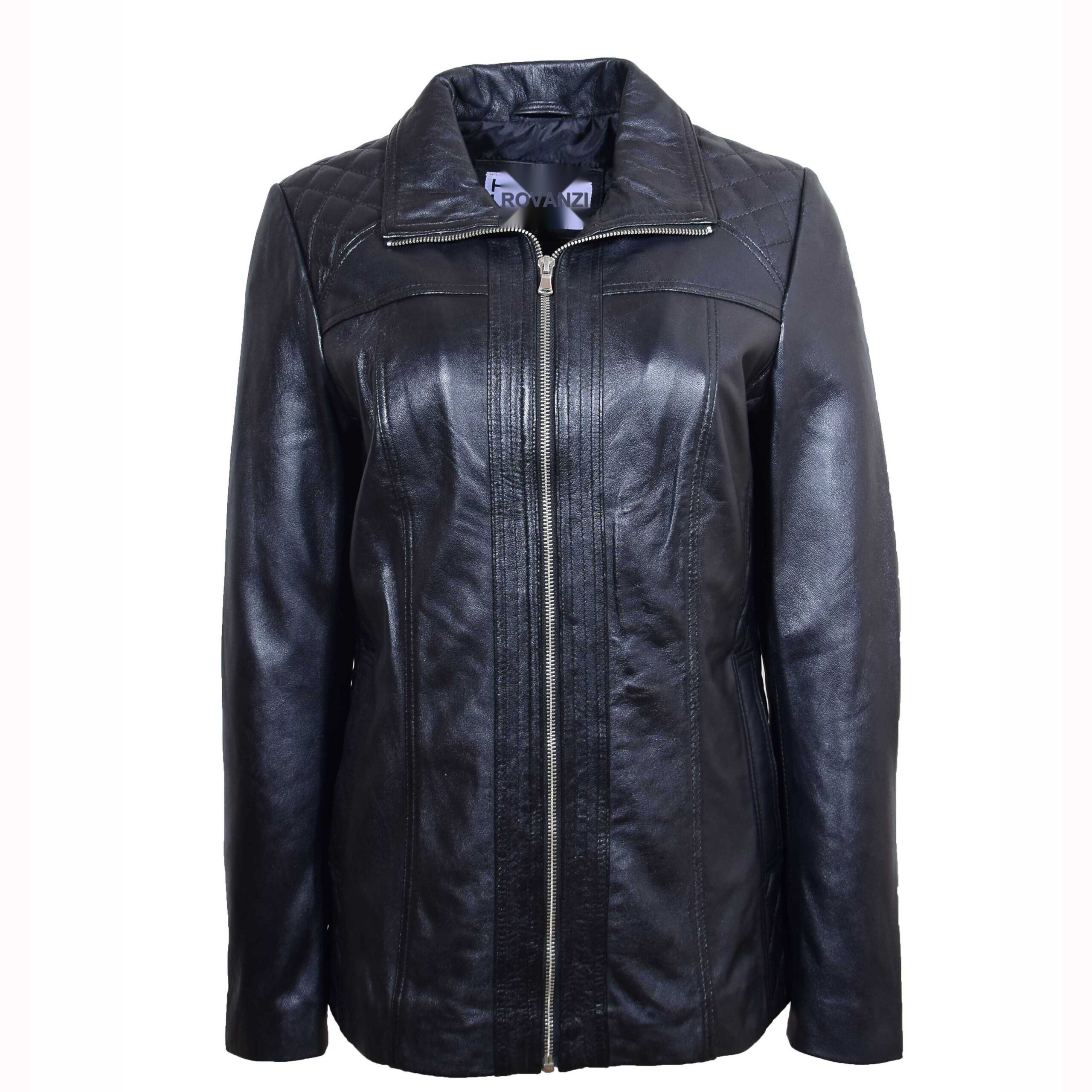 BUNERI Veste en Vrai Cuir Zip Matelassee pour Femme Noir