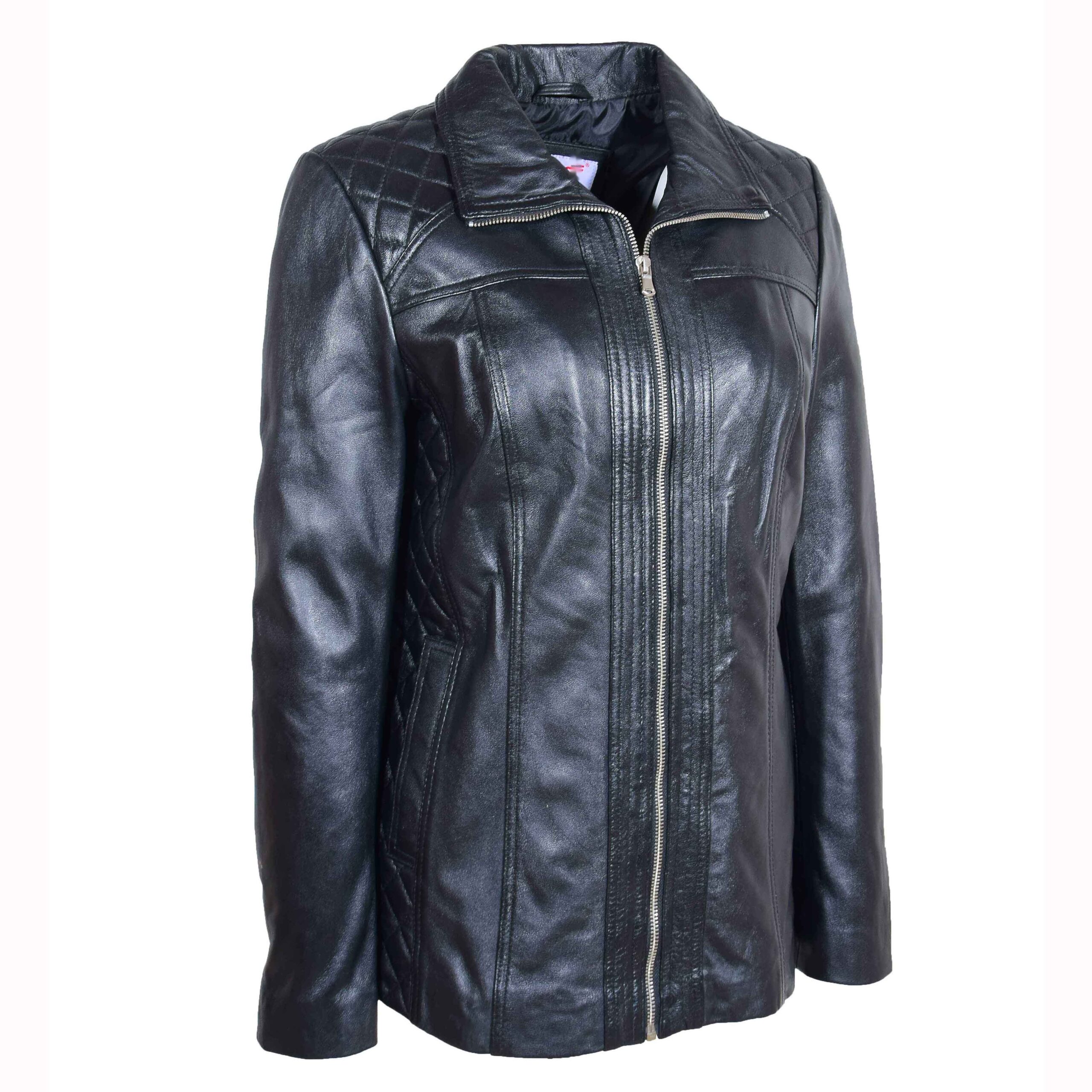 BUNERI Veste en Vrai Cuir Zip Matelassee pour Femme Noir – Image 3