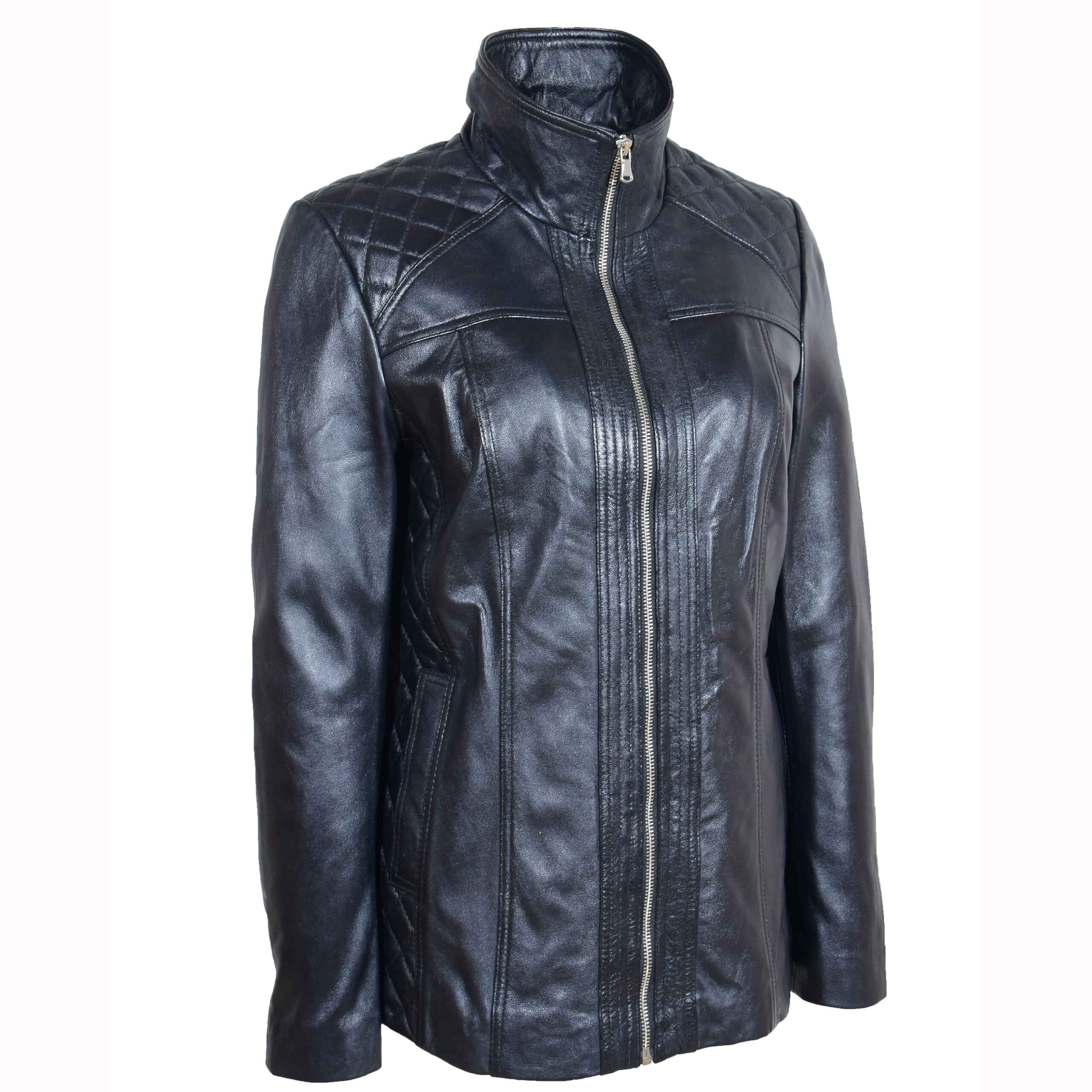 BUNERI Veste en Vrai Cuir Zip Matelassee pour Femme Noir – Image 4