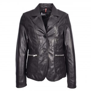 BUNERI Blazer en Cuir Noir pour Femme à Deux Boutons