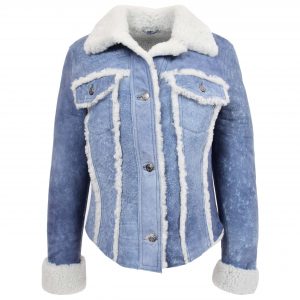 BUNERI Veste Femme Vraie Peau de Mouton Trucker Bleu Denim