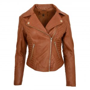 BUNERI Veste Biker Femme Cuir Souple Zip Croise Camel
