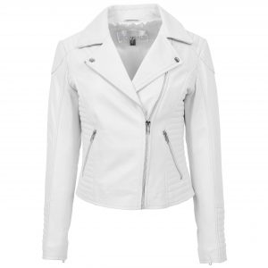 BUNERI Veste Biker en Cuir Souple Blanc Zip Croisé pour Femme