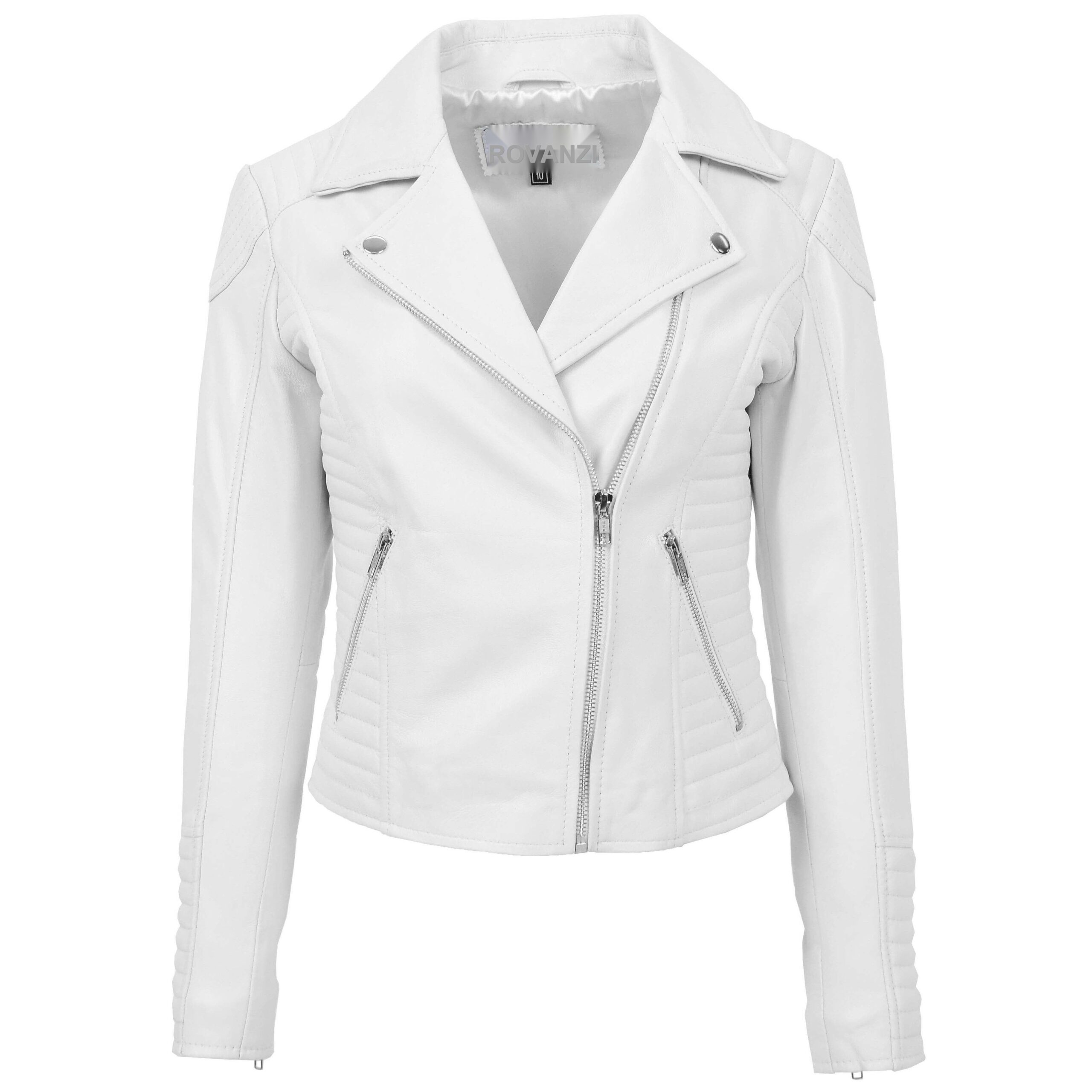 BUNERI Veste Biker en Cuir Souple Blanc Zip Croisé pour Femme