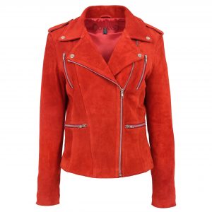 BUNERI Veste Femme Daim Style Biker Zip Rouge